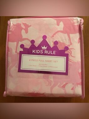 Kids Rule 4 Piece Full Sheet Set" featuring a unicorn design